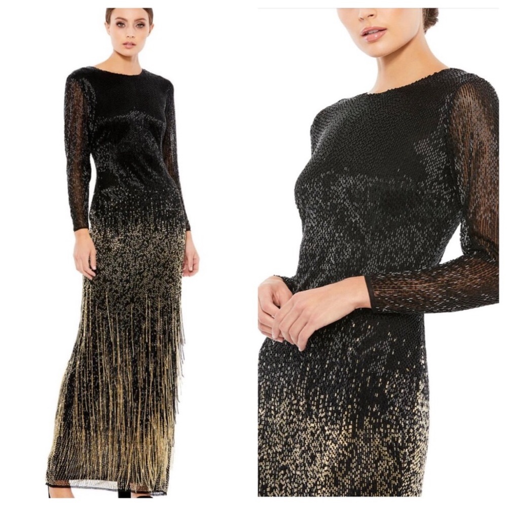 Mac Duggal Long Sleeves Beaded Fringe Evening Gown